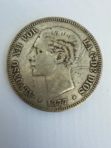 Spanje. Alfonso XII. 5 Pesetas 1877 DEM (Zonder, Postzegels en Munten