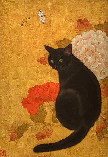 Peony and butterfly cat - Ana Maia - Zweden (Zonder, Antiek en Kunst