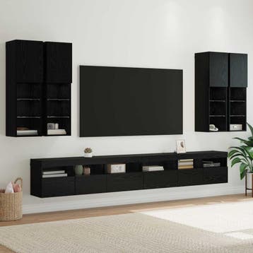 vidaXL TV Wandkast Set 7 st Zwart Eiken Bewerkt hout, Minder dan 50 cm, Verzenden, 100 tot 150 cm, Nieuw