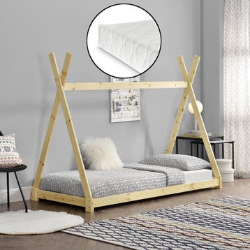 Juniorbed - Tipi met bedbodem en matras 90x200cm - naturel, Verzenden, Nieuw