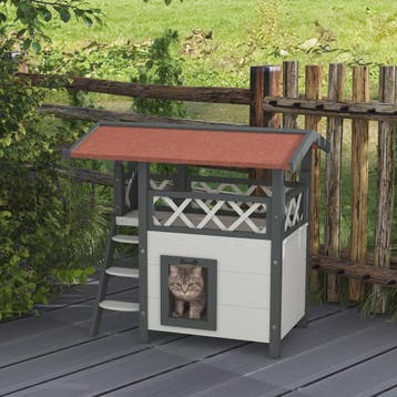 PawHut Luxe Kattenhuis Villa met Terras, Trap en Dak - 77x50, Verzenden, Nieuw