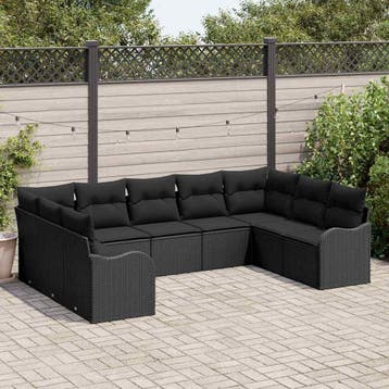 vidaXL Tuin Sofa Set 9 st Zwart poly rattan, Verzenden, Nieuw, Rotan, Meer dan 8 zitplaatsen