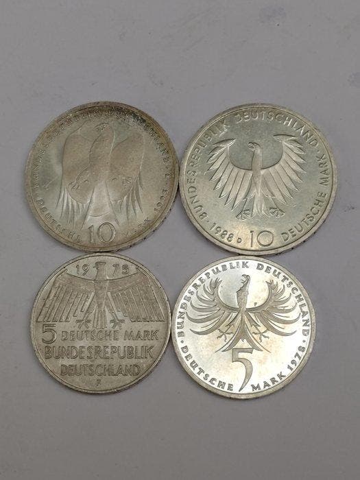 Duitsland. Lot of 4 silver coins (5 and 10 Mark) 1975/1993, Postzegels en Munten, Munten | Europa | Niet-Euromunten
