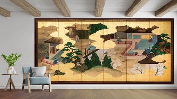 Vouwscherm met scènes uit Genji Monogatari - Gelakt hout,