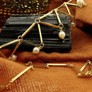 Gouden staafjes collier met parels (Ketting), Gebruikt, Ophalen of Verzenden, Met edelsteen, Goud