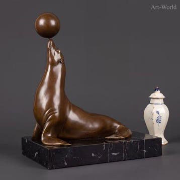 Beeld, Naar: Césaro Zeehond met bal - 21 cm - Brons, Marmer