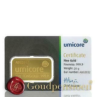 20 Gram Umicore Goudbaar Met Certificaat 999,9 Puur Goud, Postzegels en Munten, Edelmetalen en Baren, Ophalen of Verzenden, Goud