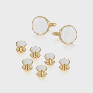 Set Manchetknopen en Studs Wit met Goudkleurig Randje - Stij, Kleding | Heren, Verzenden, Nieuw