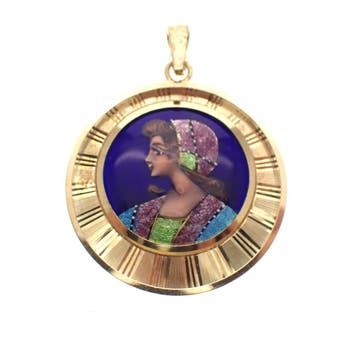 Vintage gouden hanger met emaille portret (Hanger of bedel), Ophalen of Verzenden, Gebruikt, Goud, Overige merken