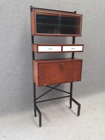 Boekenkast - Hout, teak, metaal, glas - Wandmeubel met