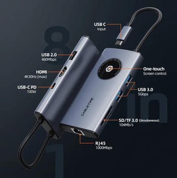 Cabletime – 8 in 1 Multi USB-C Hub adapter – 4K – HDMI – LAN, Laptop, Nieuw, Ophalen of Verzenden, Cabletime