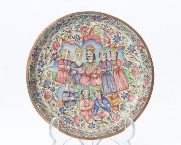 Qajar Mina Kari (emaille) koperen schotel met scène van het, Antiek en Kunst