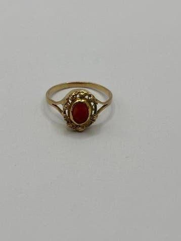Ring - 14 karaat Geel goud Bloedkoraal, Sieraden, Tassen en Uiterlijk, Nieuw