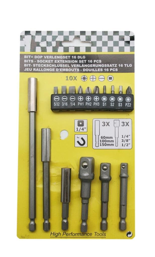 Bit dop adapter verlengset (16 dlg) zeskant, Doe-het-zelf en Verbouw, Gereedschap | Handgereedschap, Nieuw, Ophalen of Verzenden