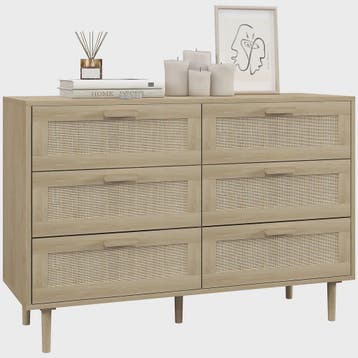 Stijlvolle Commode met 6 Lades en Rotan Fronten - Licht Hout, Verzenden, Nieuw