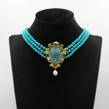 Ketting - 18 karaat Geel goud Turquoise - Diamant