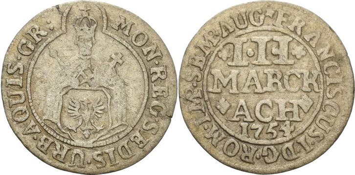 3 Mark 1754 Aachen (MuntenenBankbiljetten-Duitslandvoor1871), Postzegels en Munten, Munten | Europa | Niet-Euromunten, Verzenden