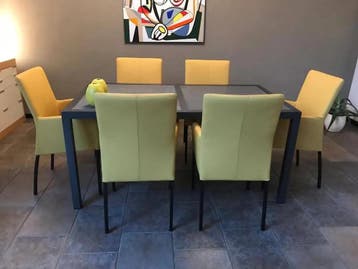 Set van 6 leren eetkamerstoelen - geel leer, Huis en Inrichting, Stoelen, Ophalen of Verzenden, Nieuw, Leer