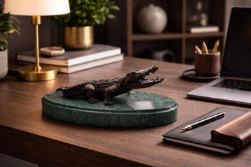 Beeld, Bronzen krokodil sculptuur op groen marmeren sokkel -