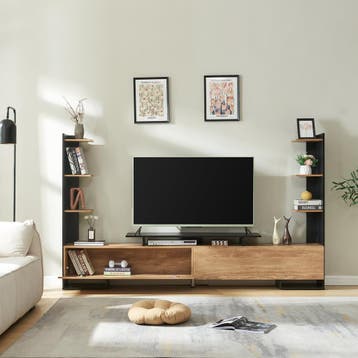 Tv-meubel Rauki zwart en houtkleurig mango 233x31x140 cm [en, Verzenden, Nieuw