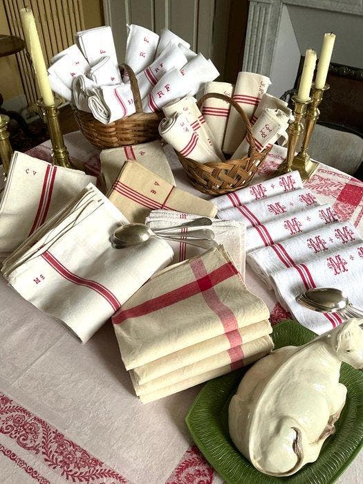 Koffie- en theeservies - 5 linnen theedoeken uit de vroege, Antiek en Kunst, Antiek | Kleden en Textiel