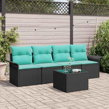 vidaXL Tuin Sofa Set met kussen 5 pcs Zwart en Turquoise, Tuin en Terras, Verzenden, Nieuw, Rotan, 5 zitplaatsen