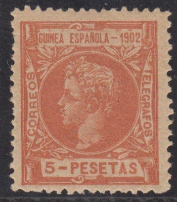 Guinee 1902 - Alfonso XIII. 5 pesetas, vermiljoen. - Edifil, Gestempeld