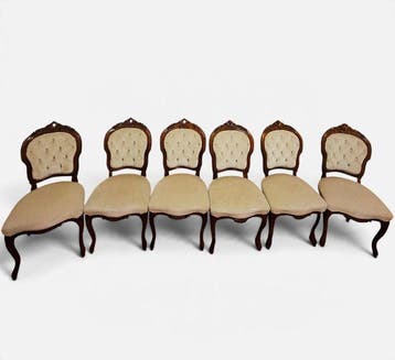 Zitgroep (6) - Walnoot - Set van 6 vintage stoffen stoelen