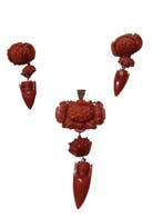 3-delige sieradenset - 18 karaat Geel goud Bloedkoraal -