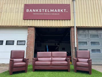 Bankstel SENIOREN bruin leer 2,5+1+1 zit bank en fauteuils, Huis en Inrichting, 150 tot 200 cm, Zo goed als nieuw, Rechte bank