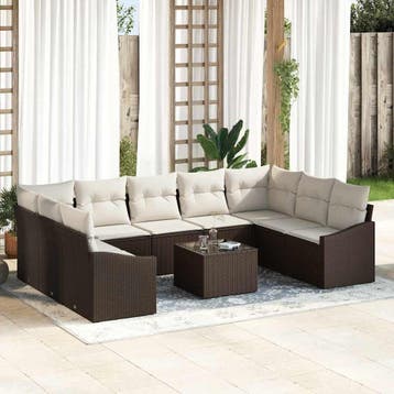 vidaXL Tuinbankenset 9 st Bruin en Crème poly rattan, Verzenden, Nieuw, Meer dan 8 zitplaatsen