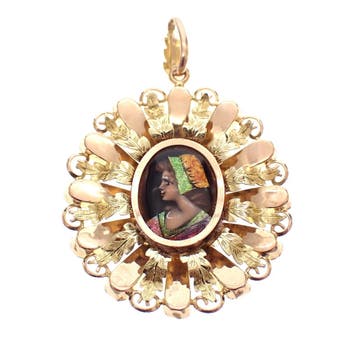 Vintage bicolor gouden hanger met emaille portret, Ophalen of Verzenden, Gebruikt, Goud, Overige merken