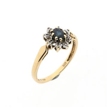Gouden ring met saffier en diamant; 0,04 ct., Sieraden, Tassen en Uiterlijk, Ringen, 18 tot 19, Gebruikt, Ophalen of Verzenden