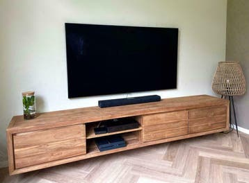 Teak zwevend TV-meubel leverbaar in 5 maten !!OP VOORRAAD!!, Teakhout, Nieuw, Ophalen of Verzenden, 200 cm of meer