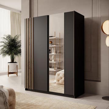 Kledingkast zwart eiken 150cm met spiegel | nieuw, Overige materialen, Verzenden, Modern Japandi Industrieel, 150 tot 200 cm
