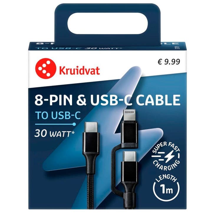 Kruidvat Dual 30W USB-C-naar-8-pin Kabel, Telecommunicatie, Mobiele telefoons | Toebehoren en Onderdelen, Nieuw, Verzenden