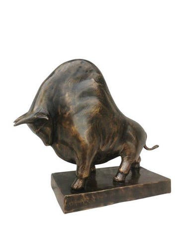Beeld, Bizon op blok in brons - 18 cm - Brons