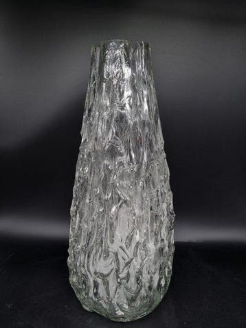 Große Vintage Glasvase – Borkenoptik / Eisglas – Mid-Century, Nieuw