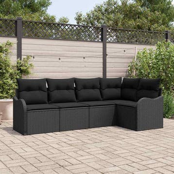 vidaXL Tuin Sofa Set 5 st Zwart poly rattan, Verzenden, Nieuw, Rotan, 5 zitplaatsen