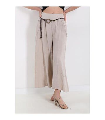 Linnen lange broek, Beige kleur, zijzakken en ceintuur,, Nieuw
