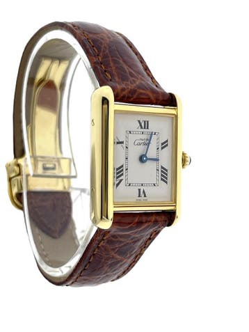 Must de Cartier Tank Midsize Quartz Roman Dial 2415 Full Set, Leer, Polshorloge, Zo goed als nieuw, Goud