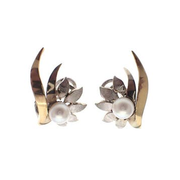 Vintage bicolor gouden oorclips met parel (Oorbellen), Gebruikt, Ophalen of Verzenden, Met edelsteen, Goud