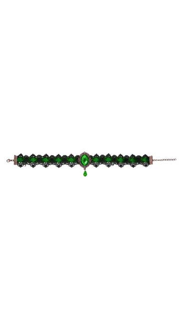 KIMU® Choker Zwart Kant Groene Steen Kanten Zwarte Collar Ke, Kunststof, Verstelbaar, Zwart, Nieuw