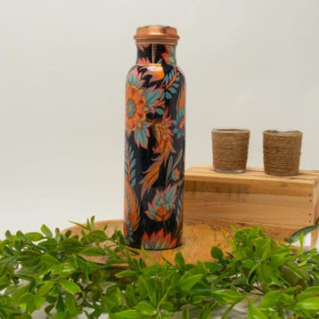 Puur koperen waterfles met bloemenprint ± 950 ml/320 g (in, Ophalen of Verzenden, Nieuw