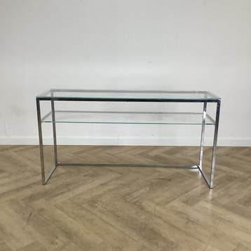 Glazen design sidetable, (hxbxd) 79x148x44 cm, glas - chroom, Huis en Inrichting, Ophalen of Verzenden, Gebruikt