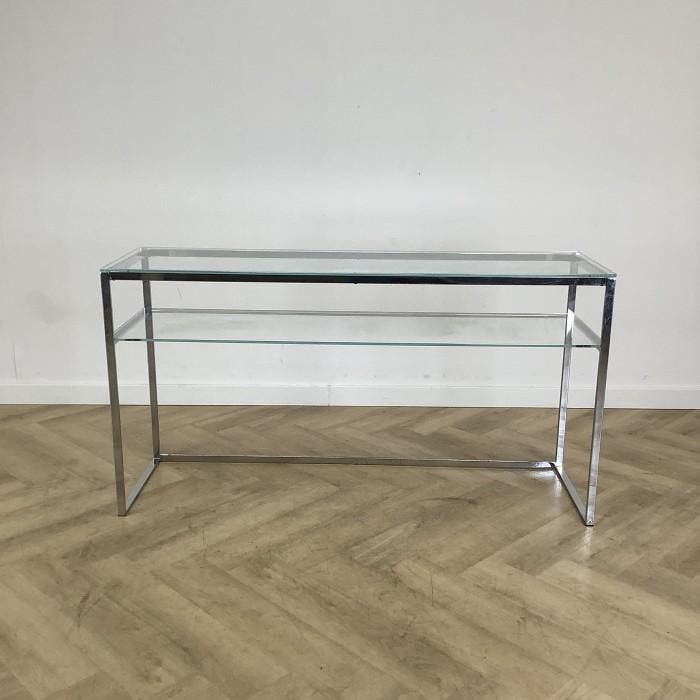 Glazen design sidetable, (hxbxd) 79x148x44 cm, glas - chroom, Huis en Inrichting, Tafelonderdelen, Gebruikt, Ophalen of Verzenden