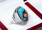 Ring - Turkoois - Koraal - Snijwerk - Navajo - V.S. (Zonder, Antiek en Kunst