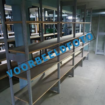 +/- 15,4 meter Bruynzeel Montex metalen/houten legbordstelli, Ophalen of Verzenden
