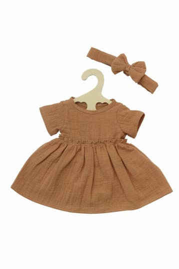 Jurk met ruches en haarband caramel (35-45cm) (Poppen), Ophalen of Verzenden, Nieuw