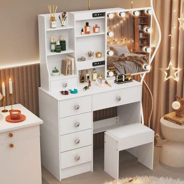 Witte Kaptafel met Schuifspiegel, Dimbare LED Verlichting, 6, Verzenden, Nieuw